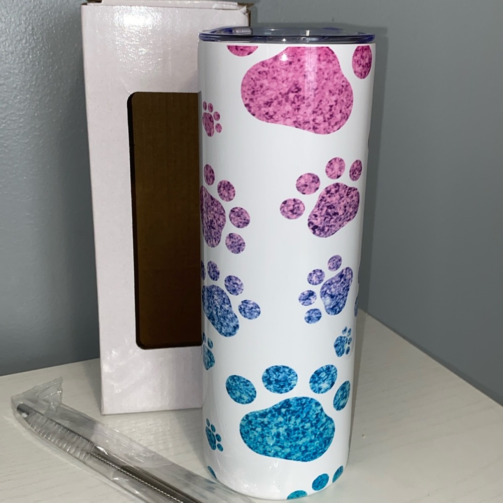 Puppy Print 20oz Tumbler new w box comes with stainless steel reusable straw
